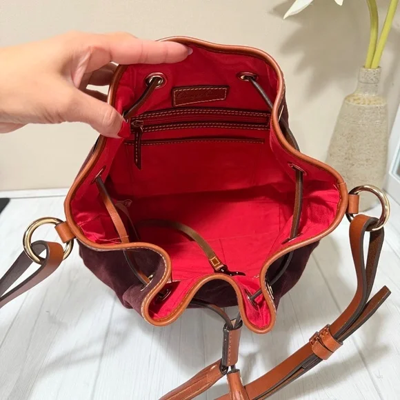 Dooney & Bourke Burgundy Suede Leather Drawstring Bucket Shoulder Bag - Picture 10 of 13